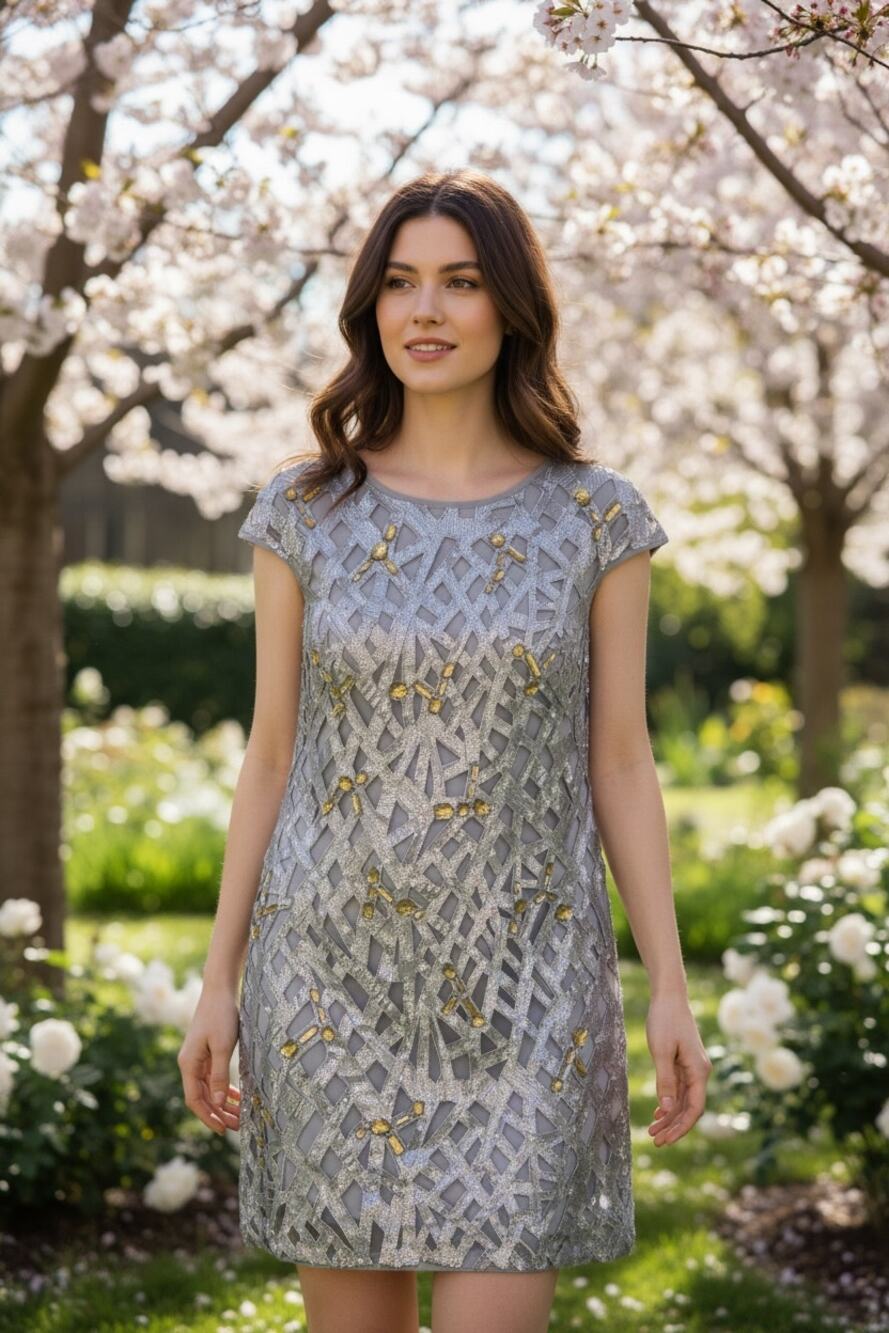 Tadashi Shoji Silver Sequin Dress Wedding Guest Cocktail